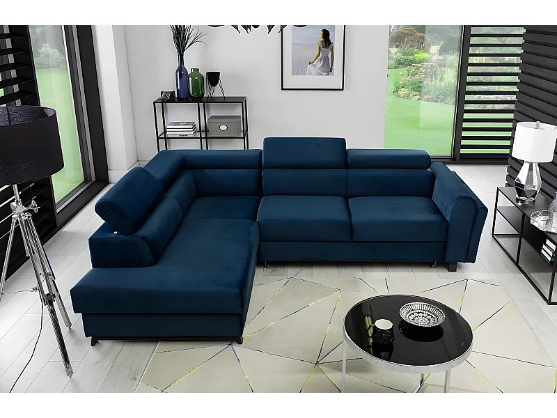 Canapé d'angle convertible - KARL VELOURS - en tissu prestige bleu - 5 places, angle gauche (vu de face)