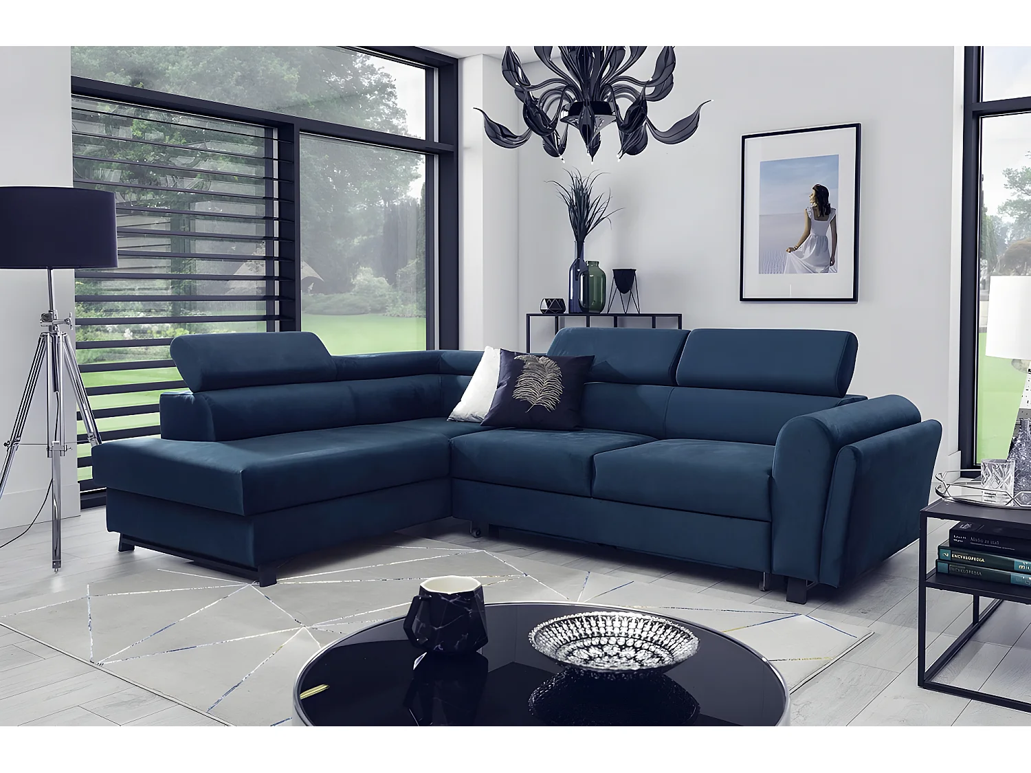 Canapé d'angle convertible - KARL VELOURS - en tissu prestige bleu - 5 places, angle gauche (vu de face)