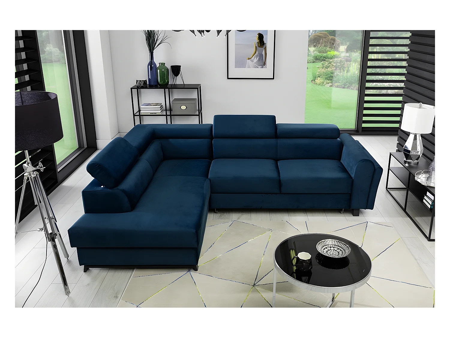 Canapé d'angle convertible - KARL VELOURS - en tissu prestige bleu - 5 places, angle gauche (vu de face)