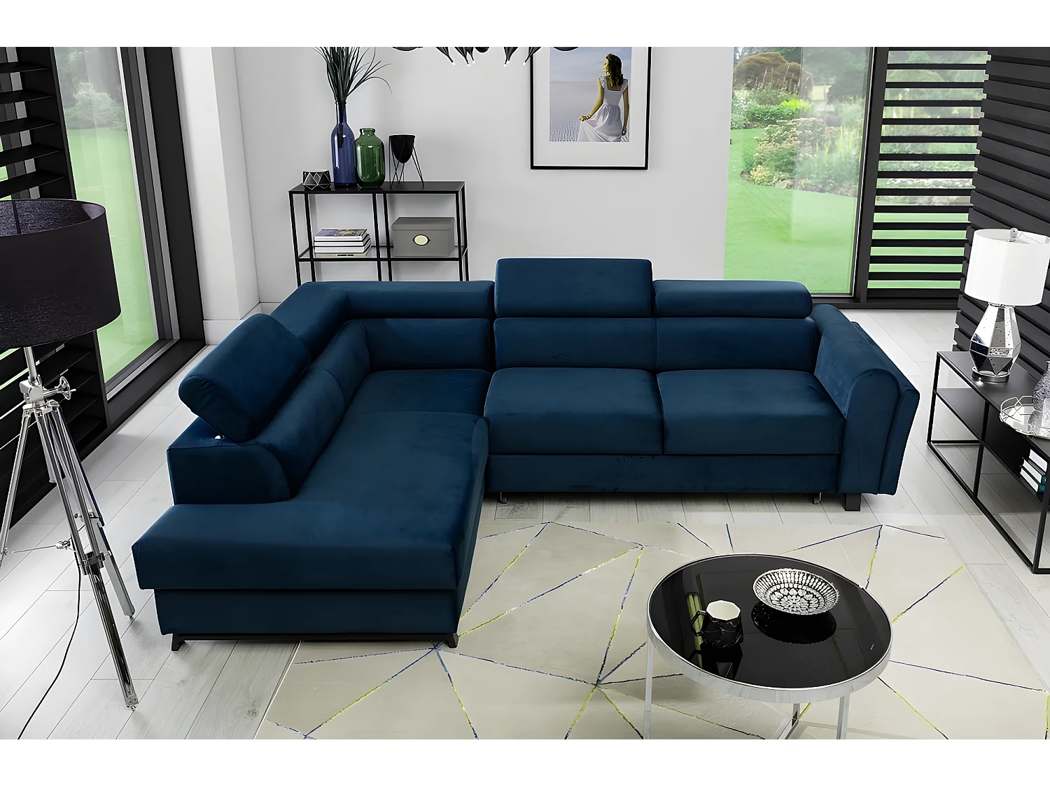 Canapé d'angle convertible - KARL VELOURS - en tissu prestige bleu - 5 places, angle gauche (vu de face)