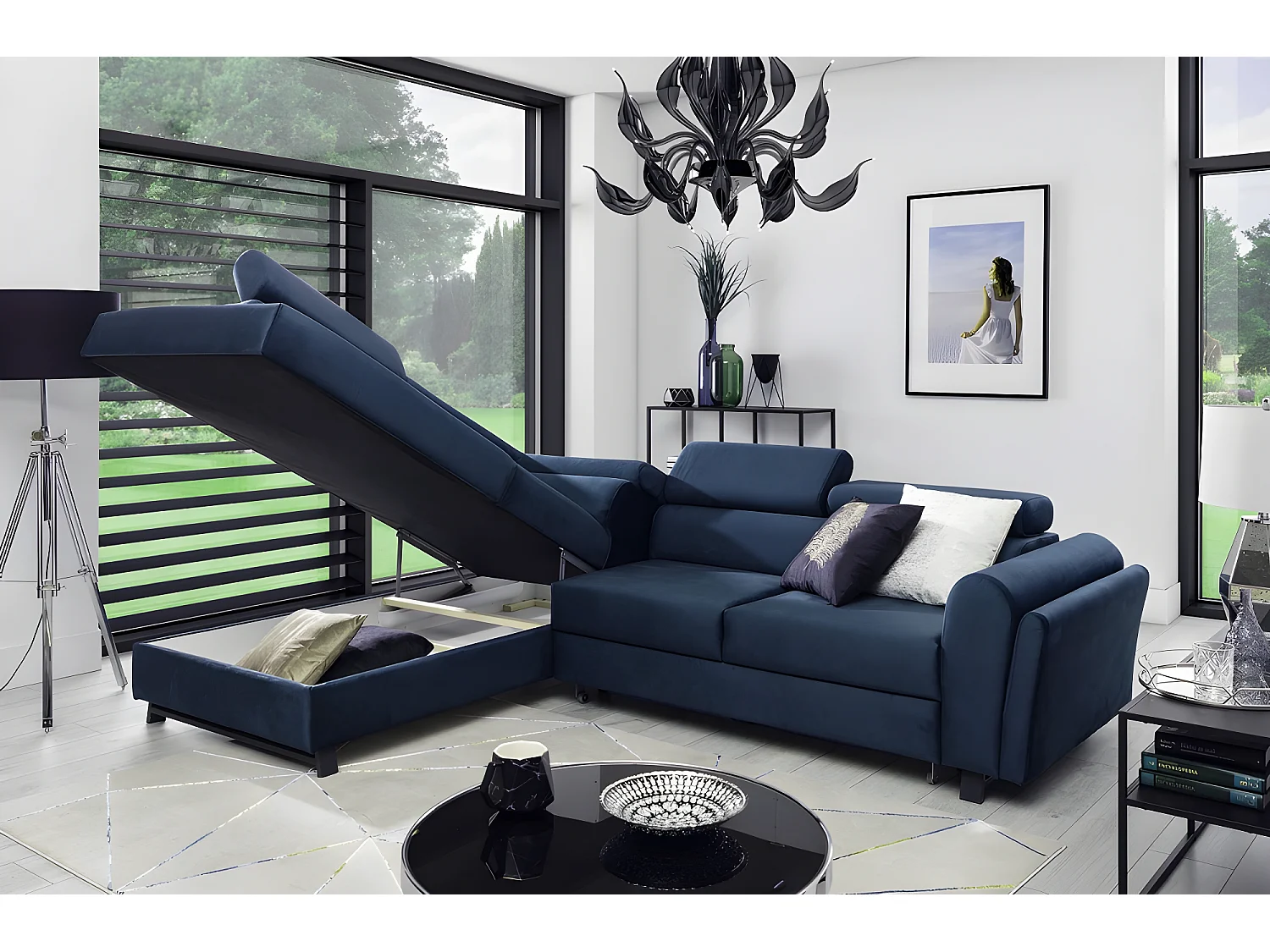 Canapé d'angle convertible - KARL VELOURS - en tissu prestige bleu - 5 places, angle gauche (vu de face)