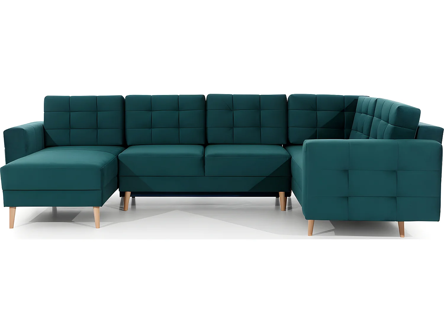 Canapé panoramique convertible - ASMA VELOURS - en tissu de qualité 5 places, vert foncé, méridienne à gauche et angle à droite (vu de face)