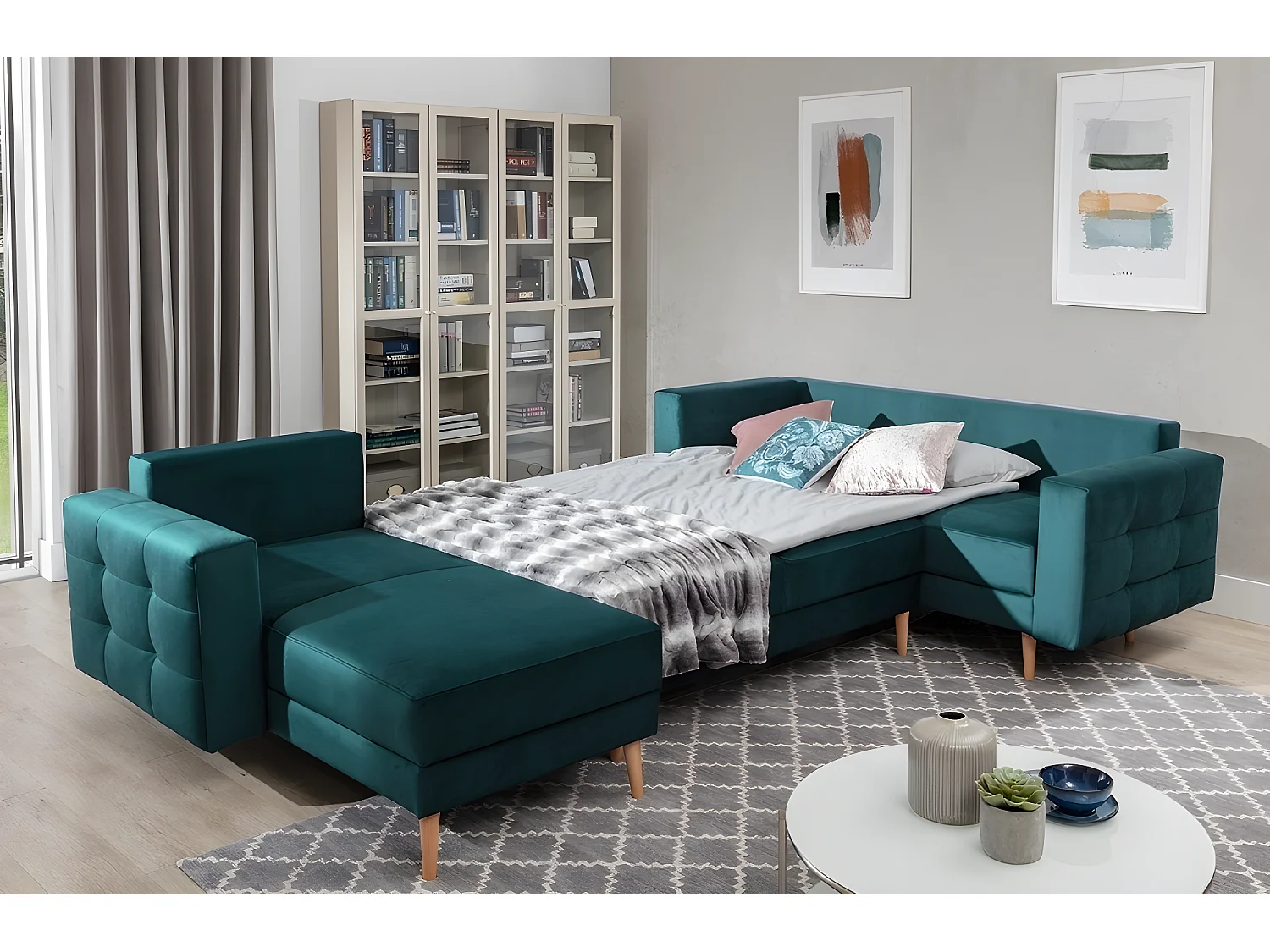 Canapé panoramique convertible - ASMA VELOURS - en tissu de qualité 5 places, vert foncé, méridienne à gauche et angle à droite (vu de face)