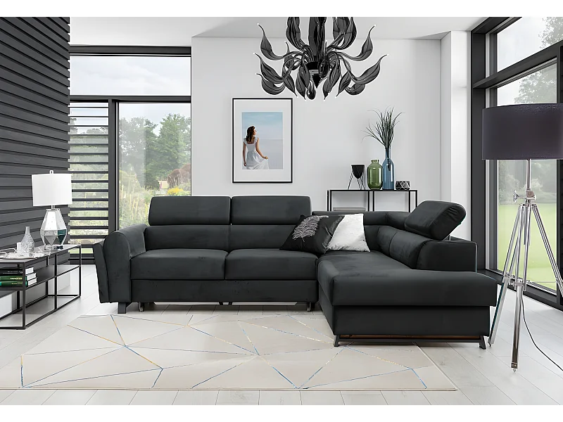 Canapé d'angle convertible - KARL VELOURS - en tissu prestige, 5 places, gris anthracite, angle droit (vu de face)