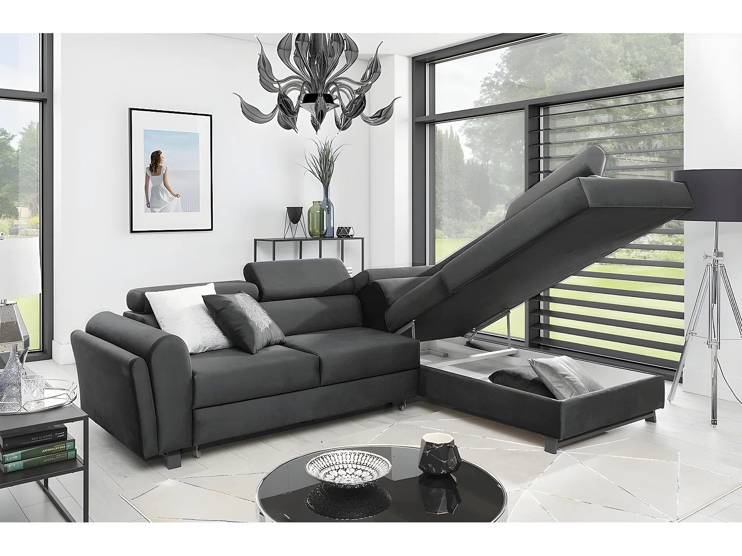 Canapé d'angle convertible - KARL VELOURS - en tissu prestige, 5 places, gris anthracite, angle droit (vu de face)