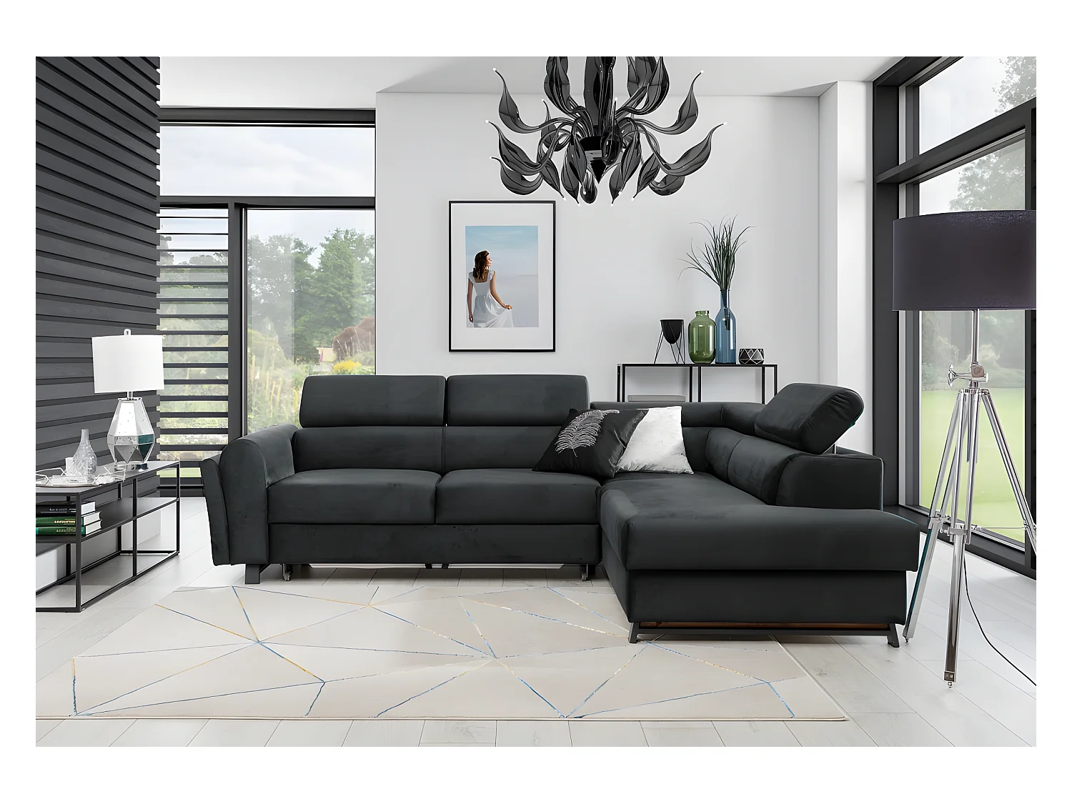 Canapé d'angle convertible - KARL VELOURS - en tissu prestige, 5 places, gris anthracite, angle droit (vu de face)