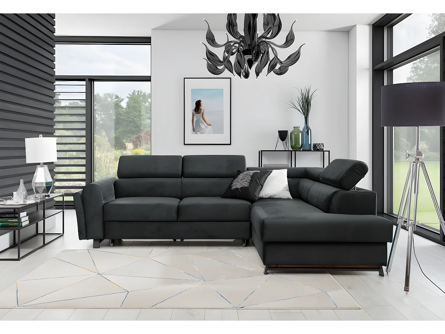 Canapé d'angle convertible - KARL VELOURS - en tissu prestige, 5 places, gris anthracite, angle droit (vu de face)