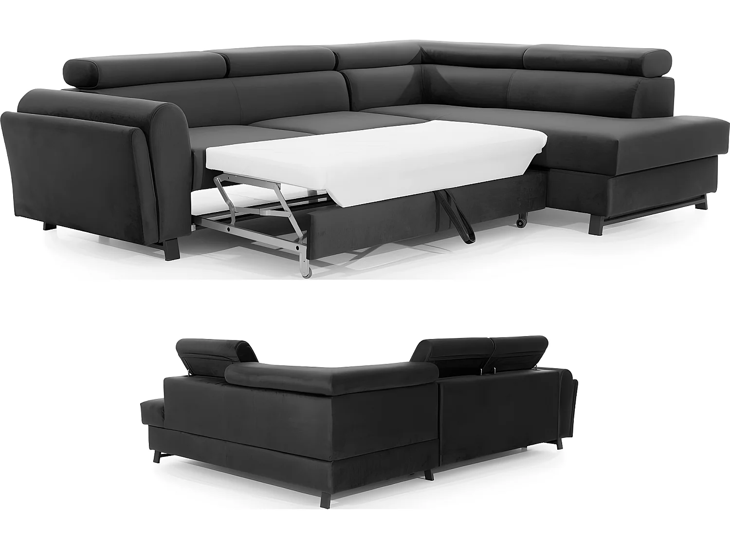 Canapé d'angle convertible - KARL VELOURS - en tissu prestige, 5 places, gris anthracite, angle droit (vu de face)