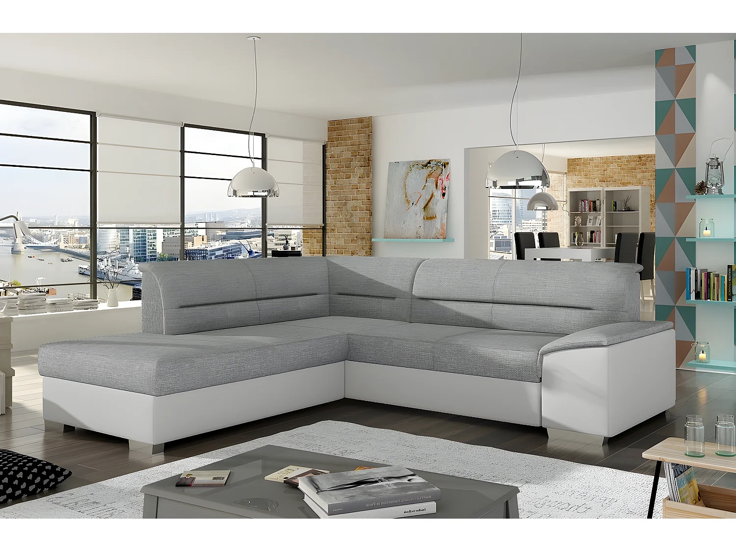 Canapé d'angle convertible en tissu luxe gris et simili cuir blanc cassé, 5 places, avec coffre, angle gauche (vu de face), VERTU MIX