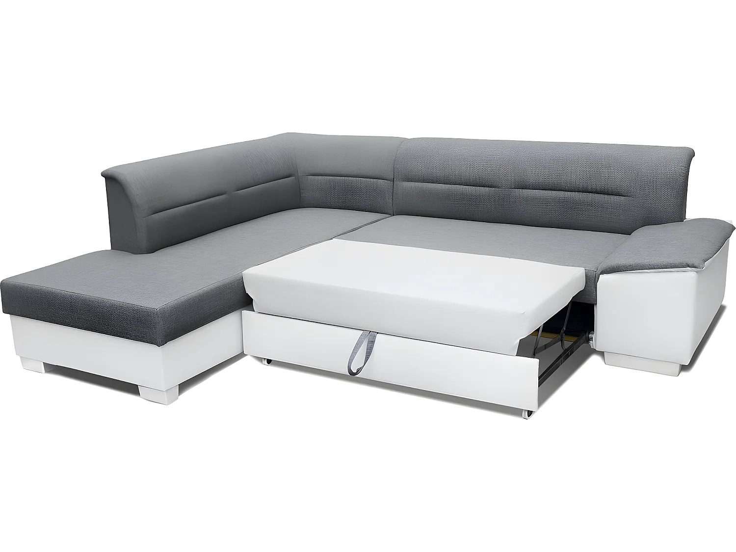 Canapé d'angle convertible en tissu luxe gris et simili cuir blanc cassé, 5 places, avec coffre, angle gauche (vu de face), VERTU MIX