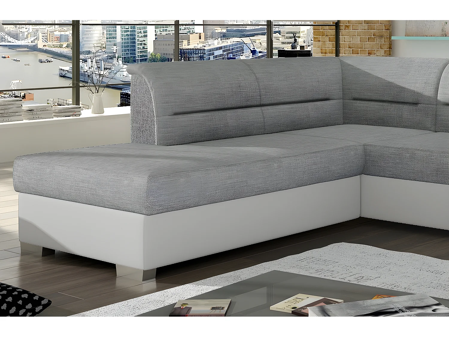 Canapé d'angle convertible en tissu luxe gris et simili cuir blanc cassé, 5 places, avec coffre, angle gauche (vu de face), VERTU MIX