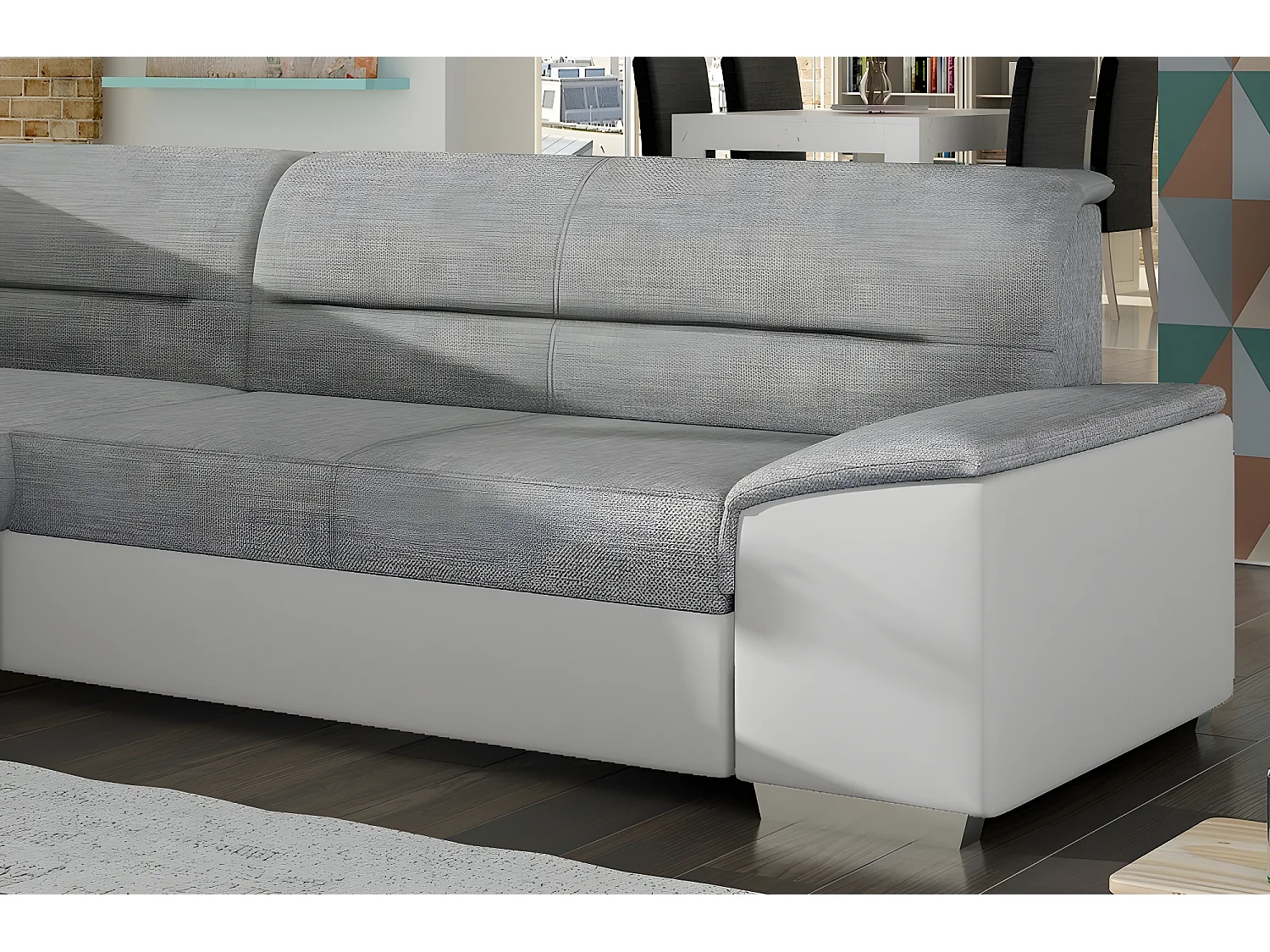 Canapé d'angle convertible en tissu luxe gris et simili cuir blanc cassé, 5 places, avec coffre, angle gauche (vu de face), VERTU MIX