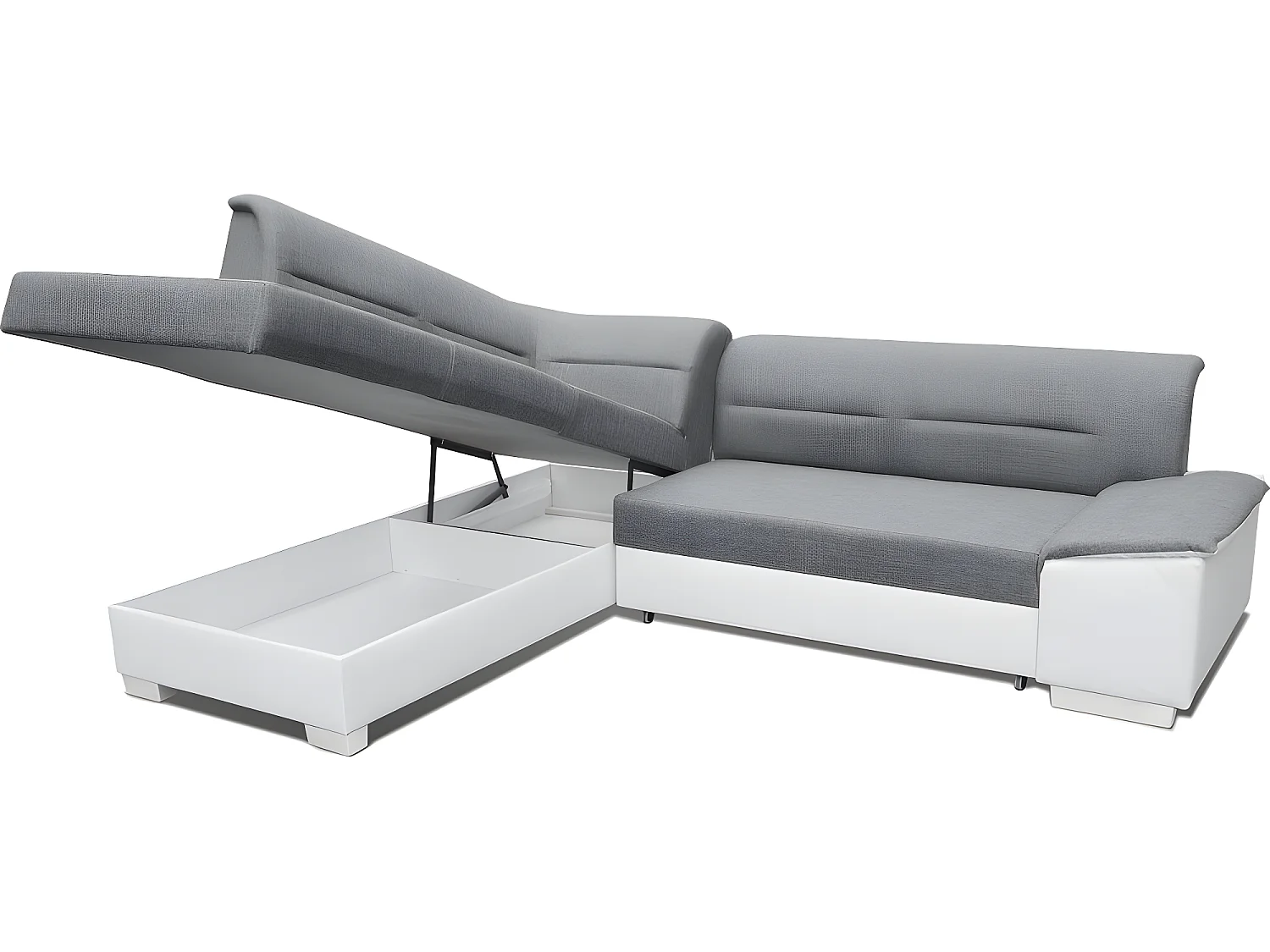 Canapé d'angle convertible en tissu luxe gris et simili cuir blanc cassé, 5 places, avec coffre, angle gauche (vu de face), VERTU MIX