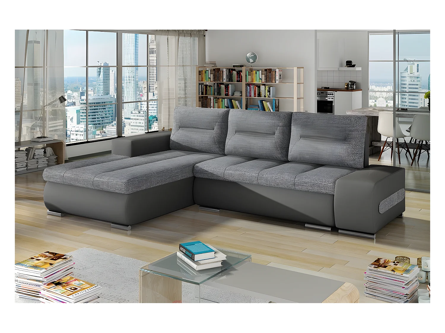 Canapé d'angle convertible en tissu luxe gris et simili cuir gris, 5 places, angle gauche (vu de face) - OTELLO