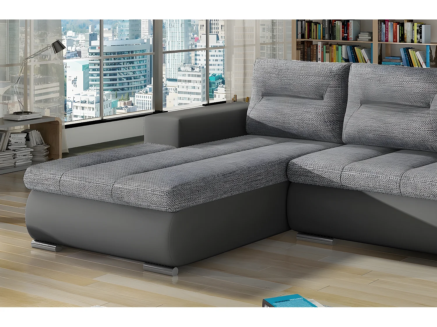 Canapé d'angle convertible en tissu luxe gris et simili cuir gris, 5 places, angle gauche (vu de face) - OTELLO
