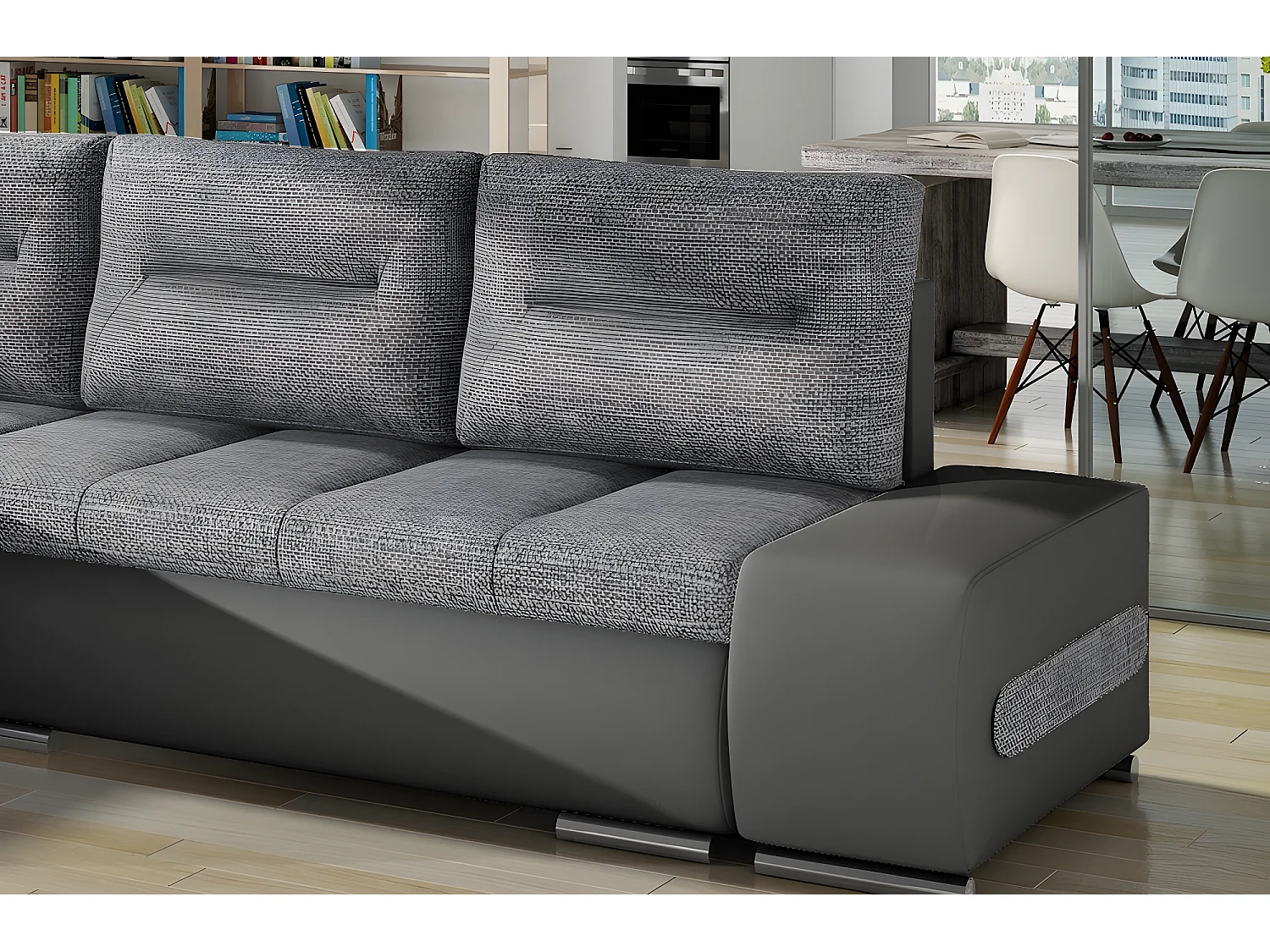 Canapé d'angle convertible en tissu luxe gris et simili cuir gris, 5 places, angle gauche (vu de face) - OTELLO