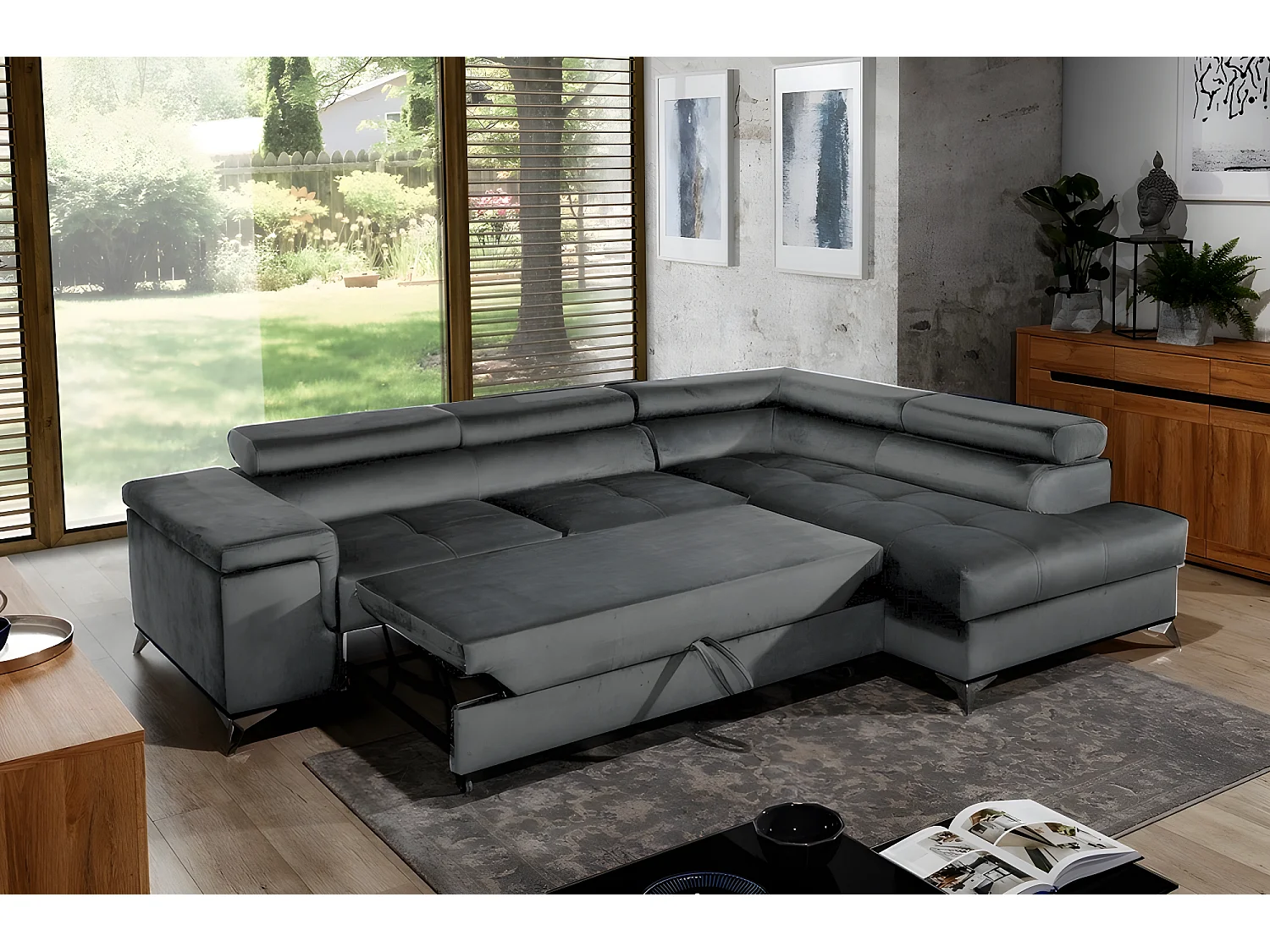 Canapé d'angle convertible - ERWAN - en tissu luxe 5 places, anthracite, angle droit (vu de face)