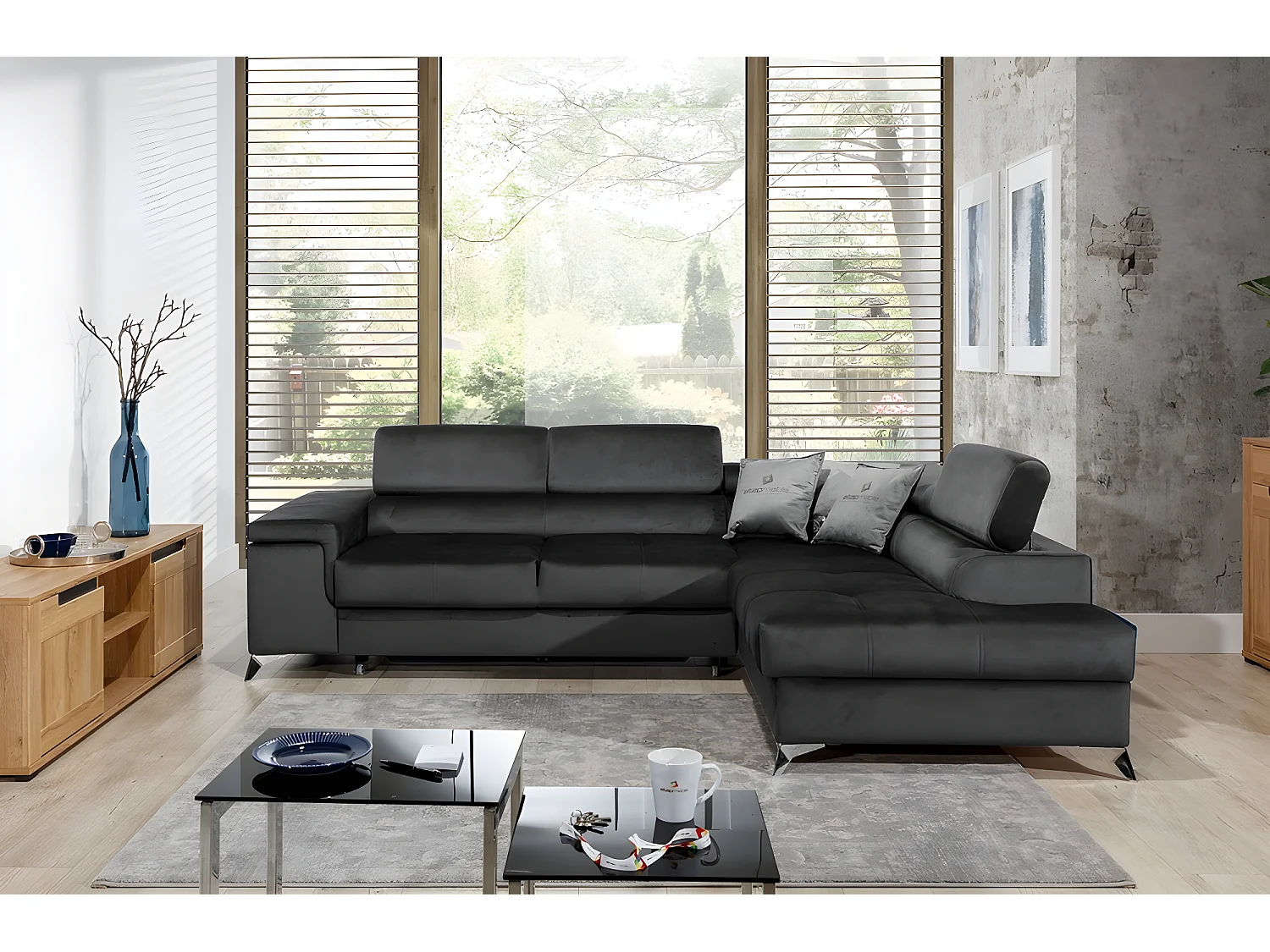 Canapé d'angle convertible - ERWAN - en tissu luxe 5 places, anthracite, angle droit (vu de face)