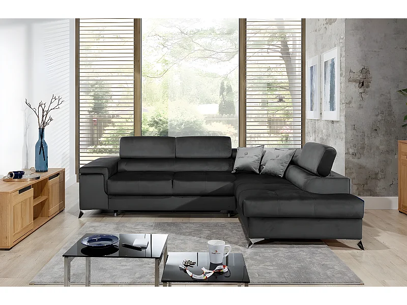 Canapé d'angle convertible - ERWAN - en tissu luxe 5 places, anthracite, angle droit (vu de face)