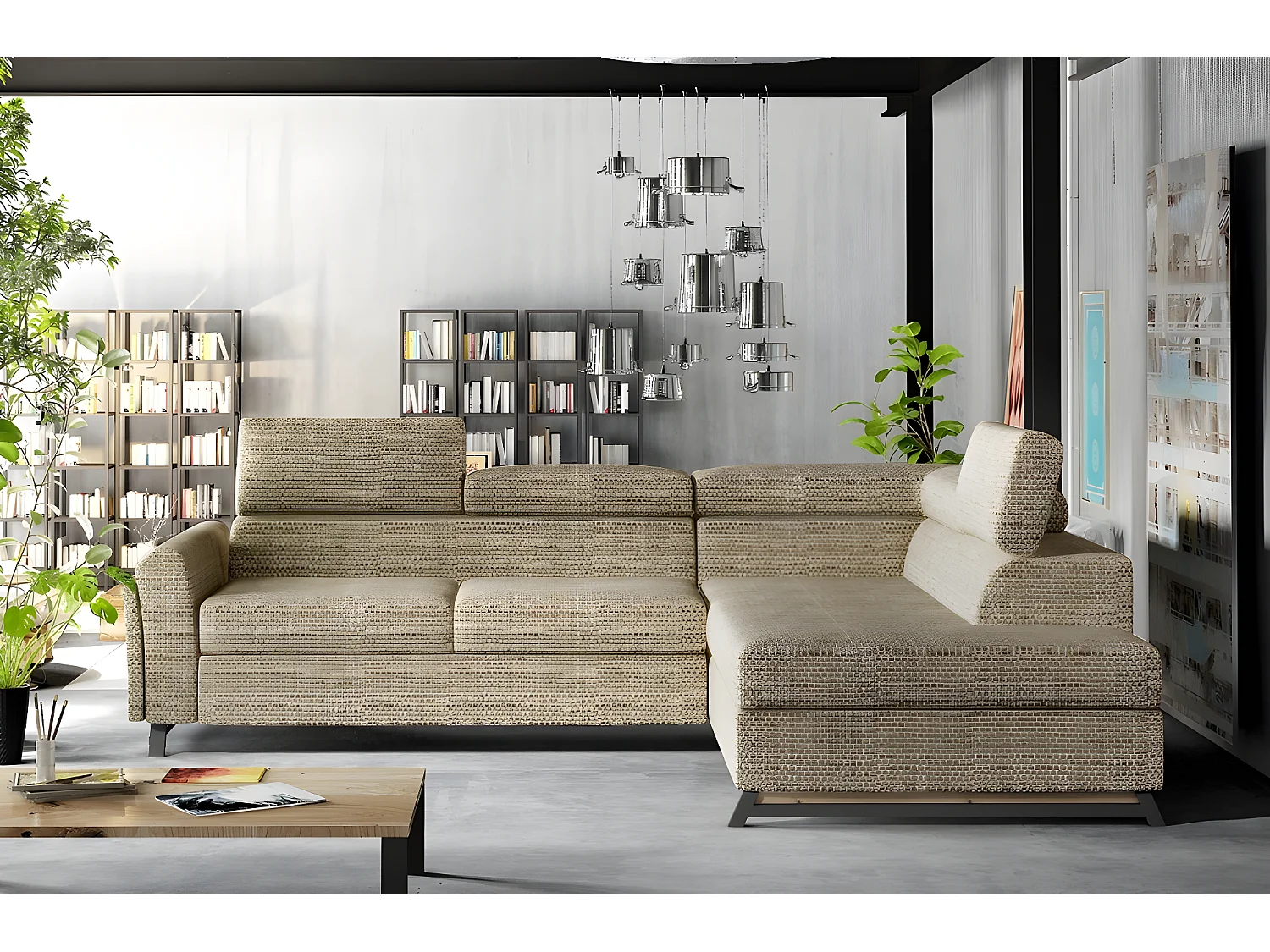 Canapé d'angle convertible - KARL - en tissu luxe 5 places, beige, angle droit (vu de face)