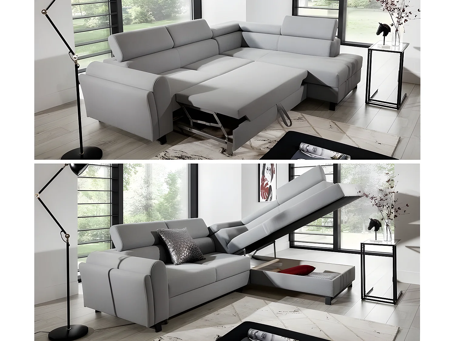 Canapé d'angle convertible - KARL - en tissu luxe 5 places, beige, angle droit (vu de face)