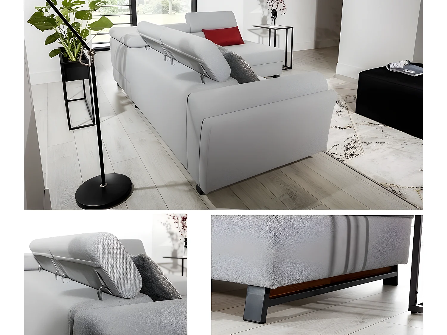 Canapé d'angle convertible - KARL - en tissu luxe 5 places, beige, angle droit (vu de face)