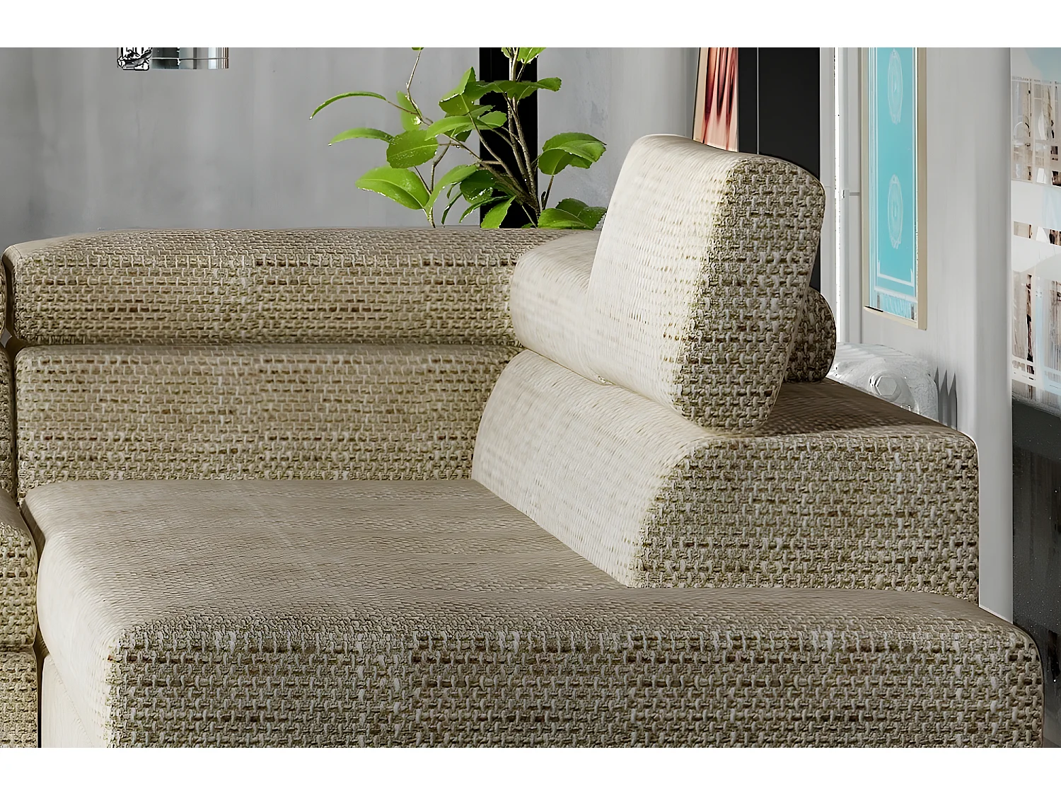 Canapé d'angle convertible - KARL - en tissu luxe 5 places, beige, angle droit (vu de face)