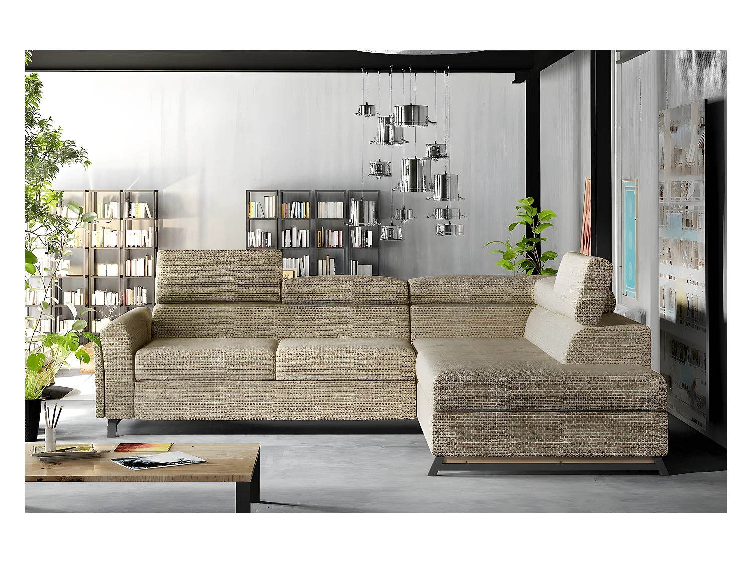 Canapé d'angle convertible - KARL - en tissu luxe 5 places, beige, angle droit (vu de face)