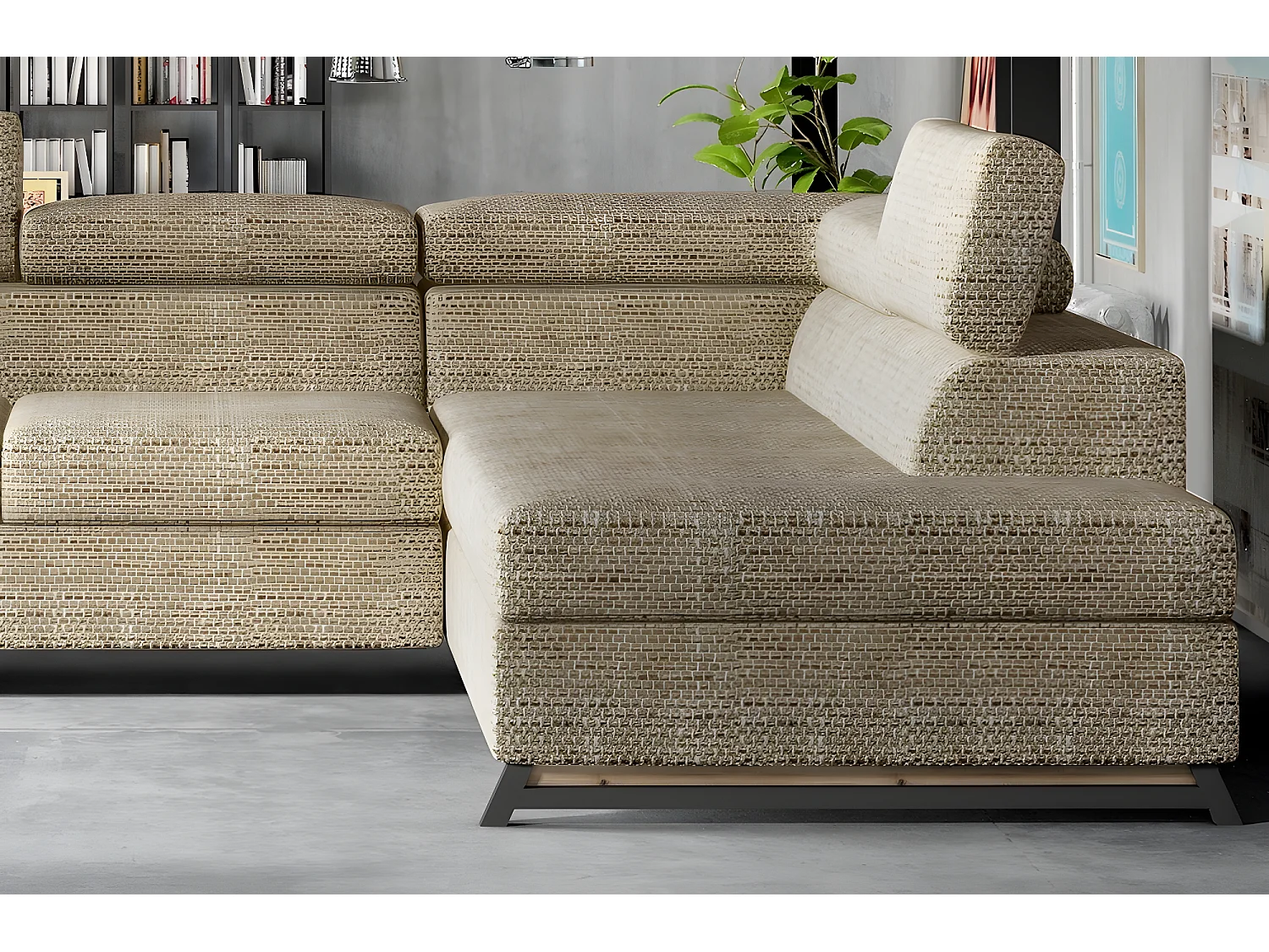 Hoekbank van luxe stof met opbergruimte en verstelbare hoofdsteun - KARL - 5 plaatsen, beige