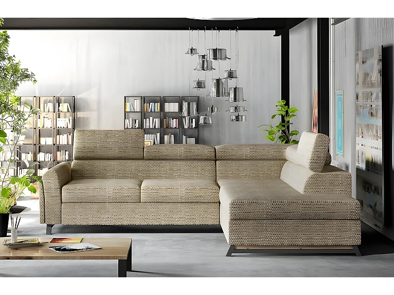 Canapé d'angle convertible - KARL - en tissu luxe 5 places, beige, angle droit (vu de face)