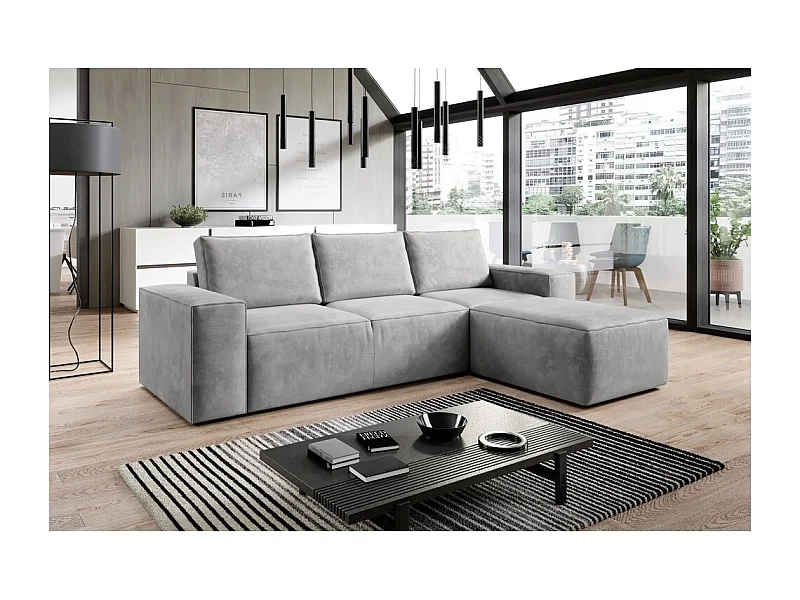 Canapé d'angle convertible - SIDNEY VELOURS - en velours Luxe - 5/6 places, gris clair, angle droit (vu de face)