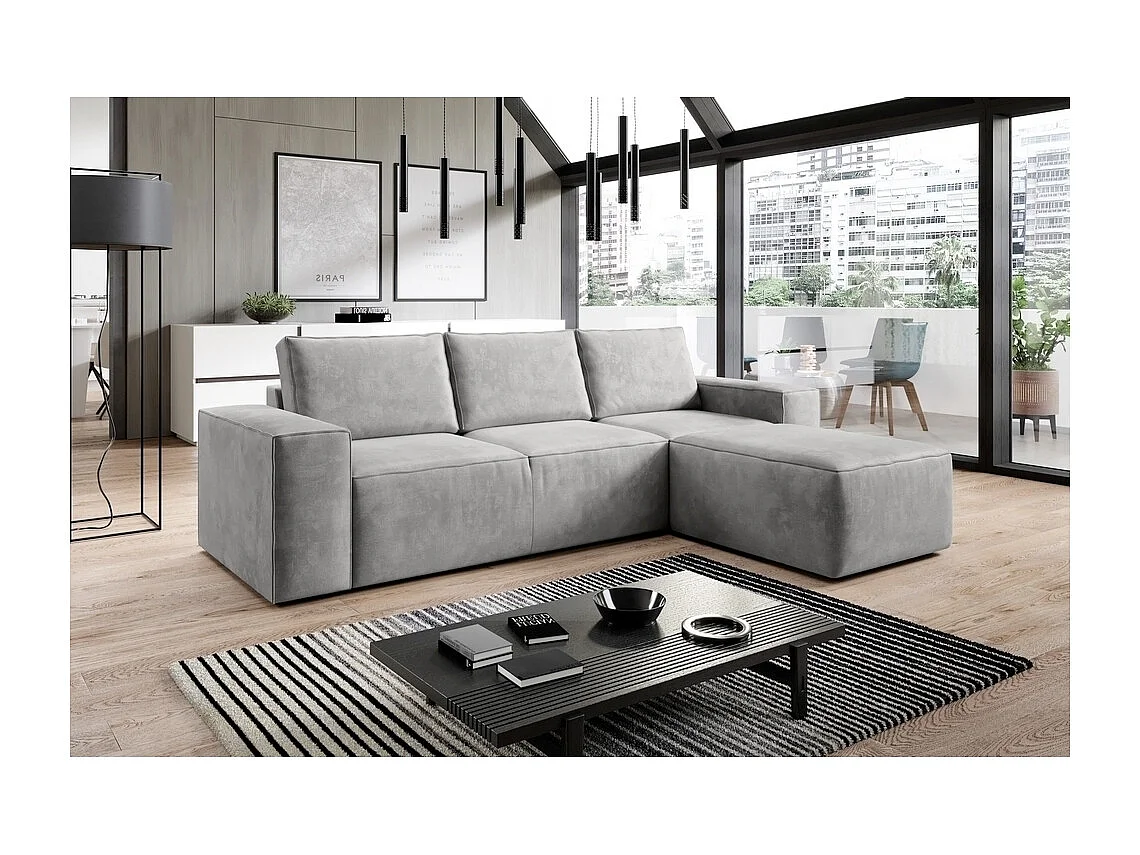 Canapé d'angle convertible - SIDNEY VELOURS - en velours Luxe - 5/6 places, gris clair, angle droit (vu de face)
