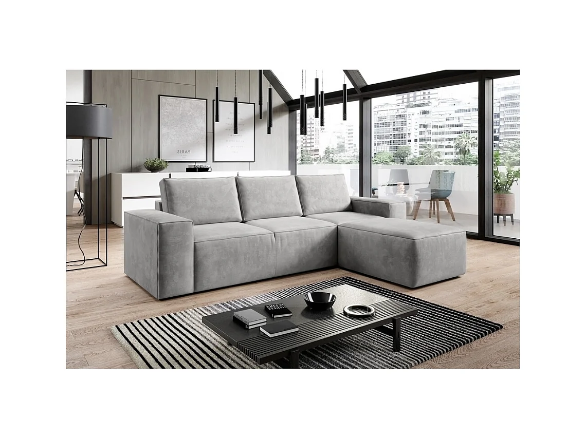 Canapé d'angle convertible - SIDNEY VELOURS - en velours Luxe - 5/6 places, gris clair, angle droit (vu de face)