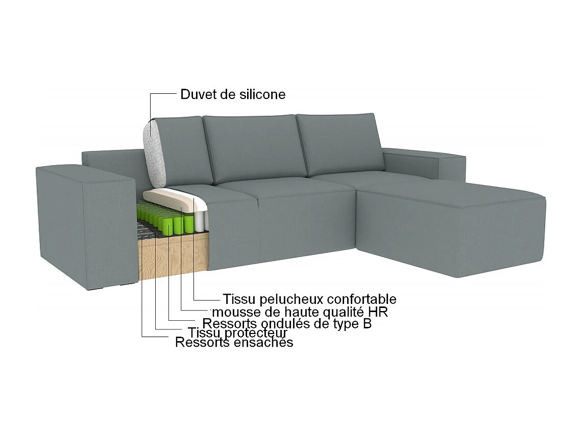 Canapé d'angle convertible - SIDNEY VELOURS - en velours Luxe - 5/6 places, gris clair, angle droit (vu de face)