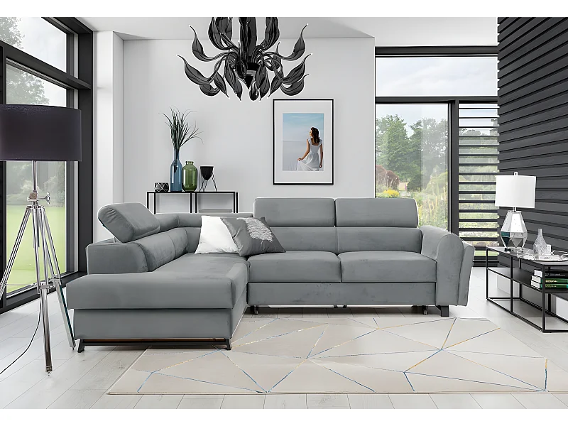 Canapé d'angle convertible - KARL VELOURS - en tissu prestige - 5 places, gris clair, angle gauche (vu de face)