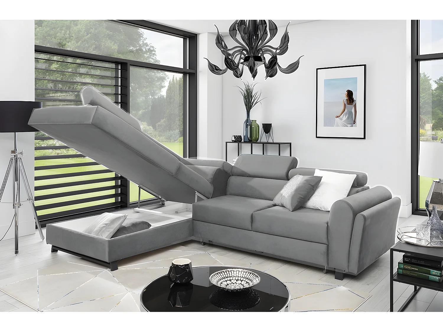 Canapé d'angle convertible - KARL VELOURS - en tissu prestige - 5 places, gris clair, angle gauche (vu de face)