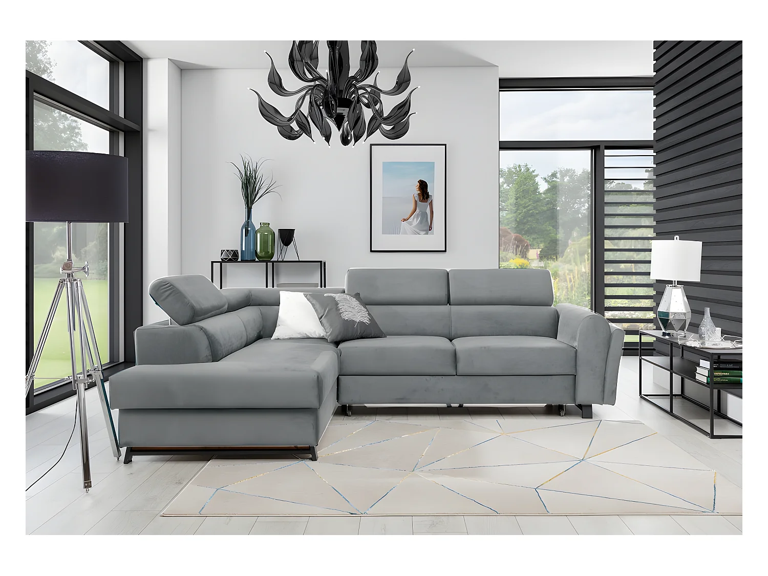 Canapé d'angle convertible - KARL VELOURS - en tissu prestige - 5 places, gris clair, angle gauche (vu de face)