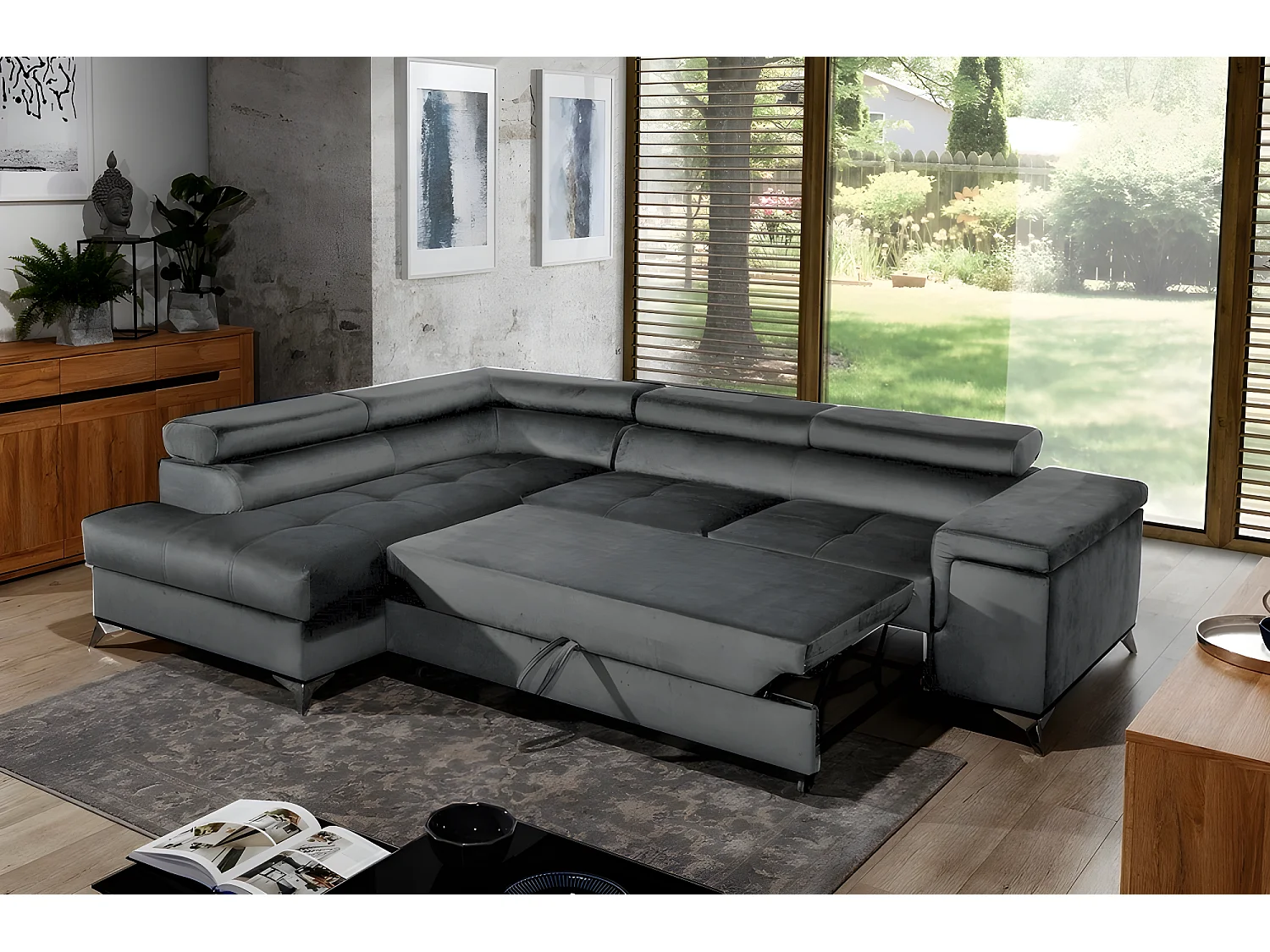 Canapé d'angle convertible - ERWAN - en tissu luxe 5 places, anthracite, angle gauche (vu de face)