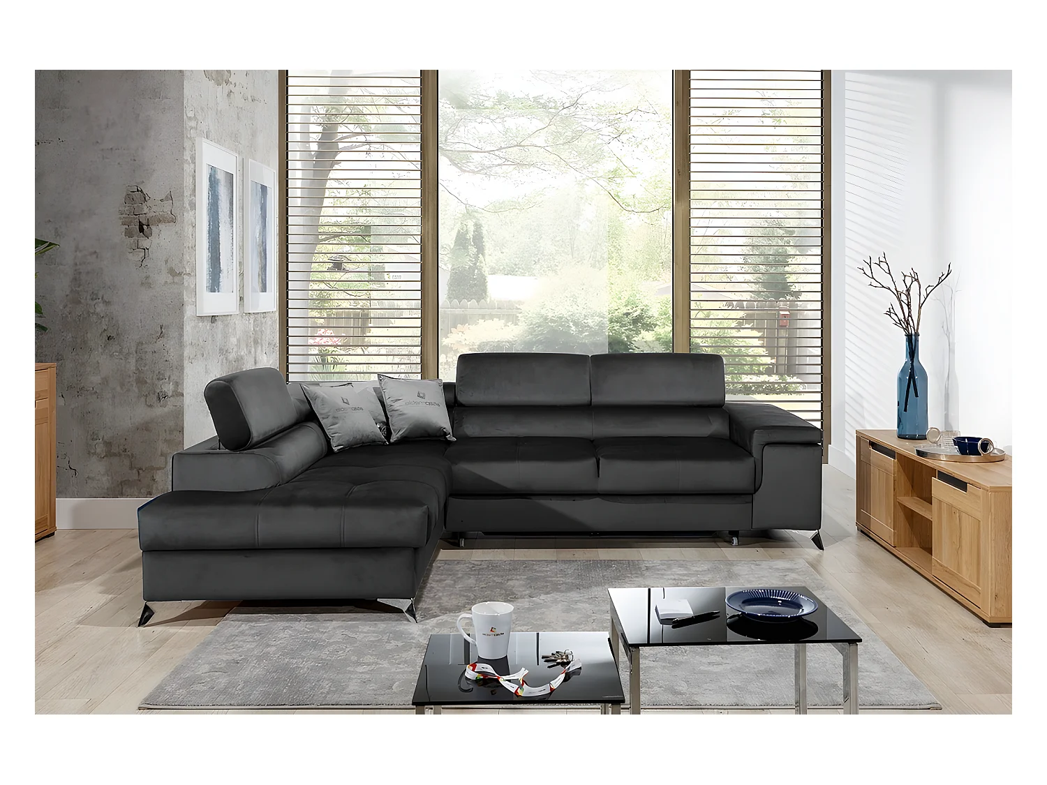 Canapé d'angle convertible - ERWAN - en tissu luxe 5 places, anthracite, angle gauche (vu de face)