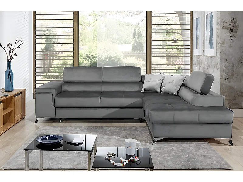 Canapé d'angle convertible - ERWAN - en tissu luxe 5 places, gris, angle droit (vu de face)