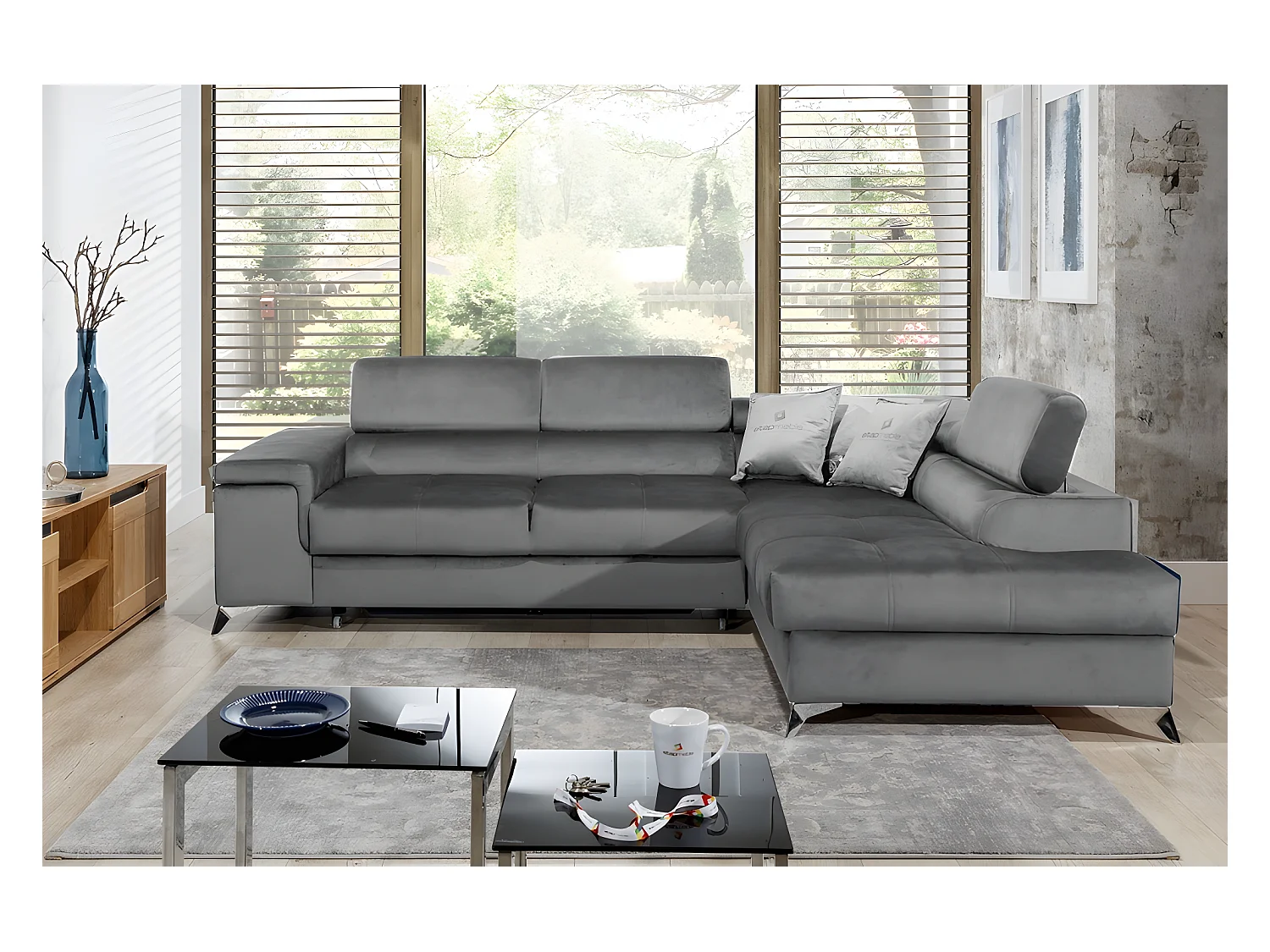 Canapé d'angle convertible - ERWAN - en tissu luxe 5 places, gris, angle droit (vu de face)