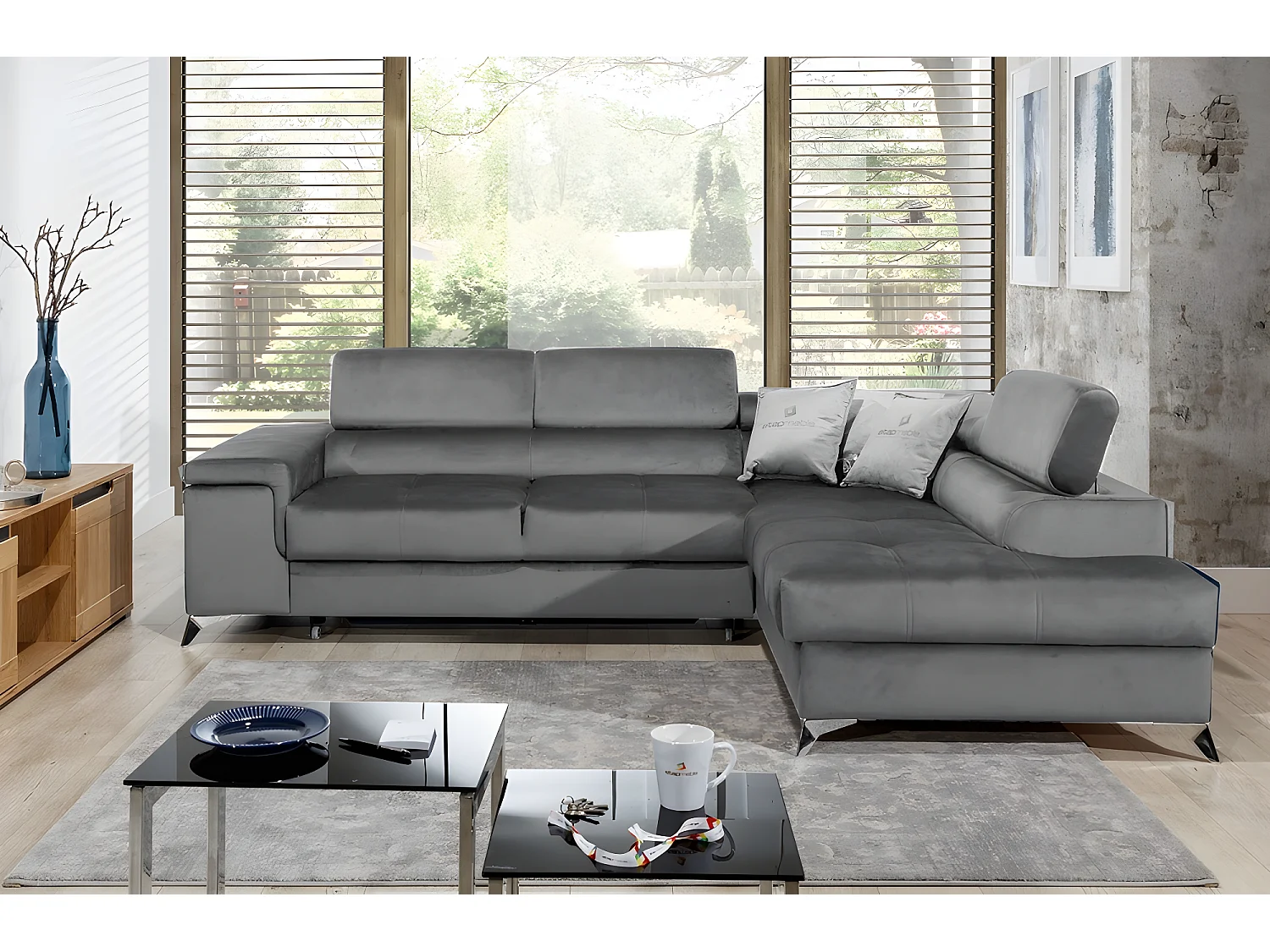 Canapé d'angle convertible - ERWAN - en tissu luxe 5 places, gris, angle droit (vu de face)