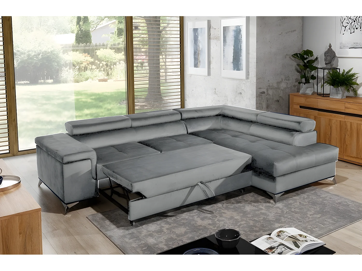 Canapé d'angle convertible - ERWAN - en tissu luxe 5 places, gris, angle droit (vu de face)
