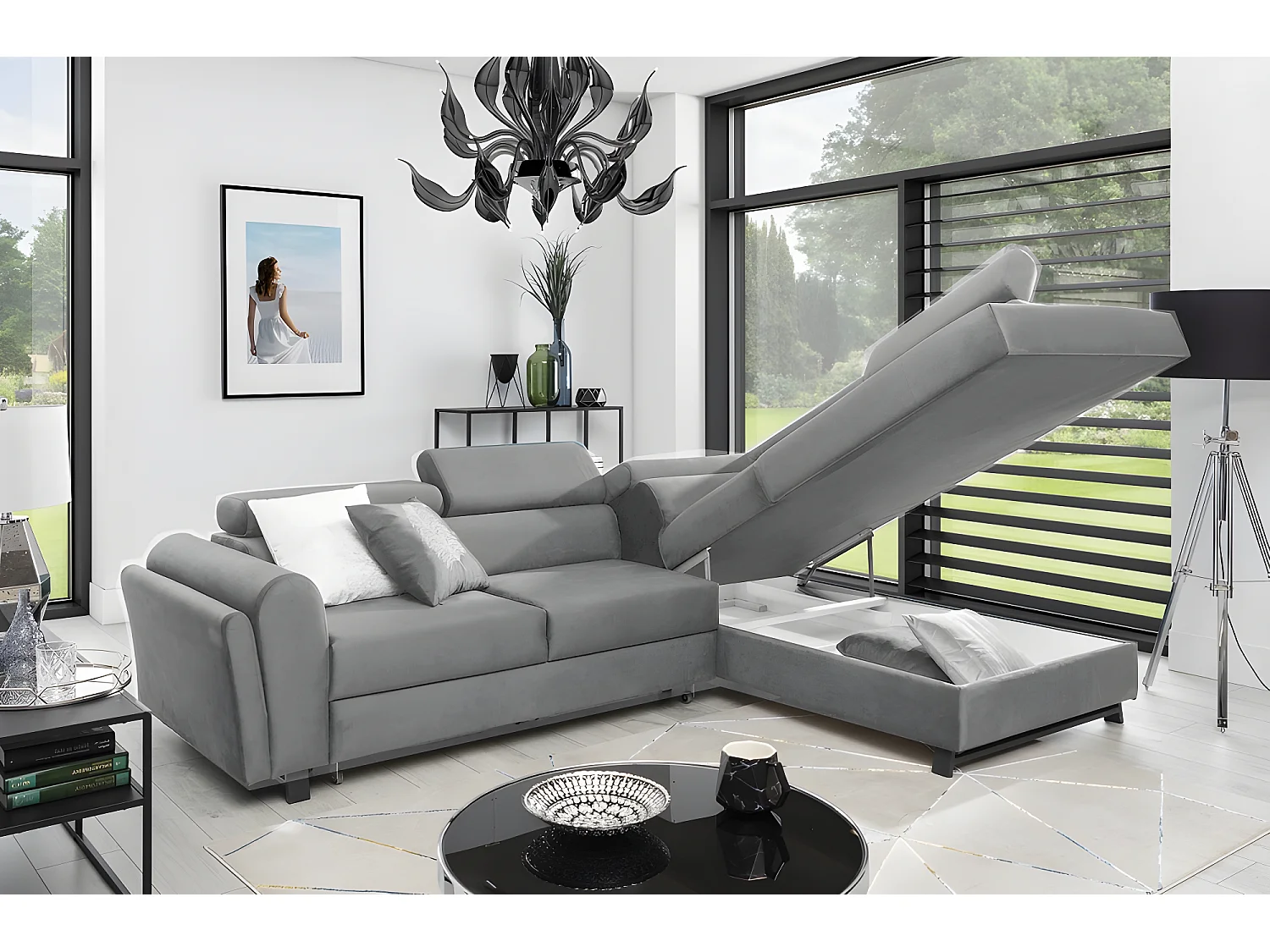 Canapé d'angle convertible - KARL VELOURS - en tissu prestige, 5 places, gris, angle droit (vu de face)