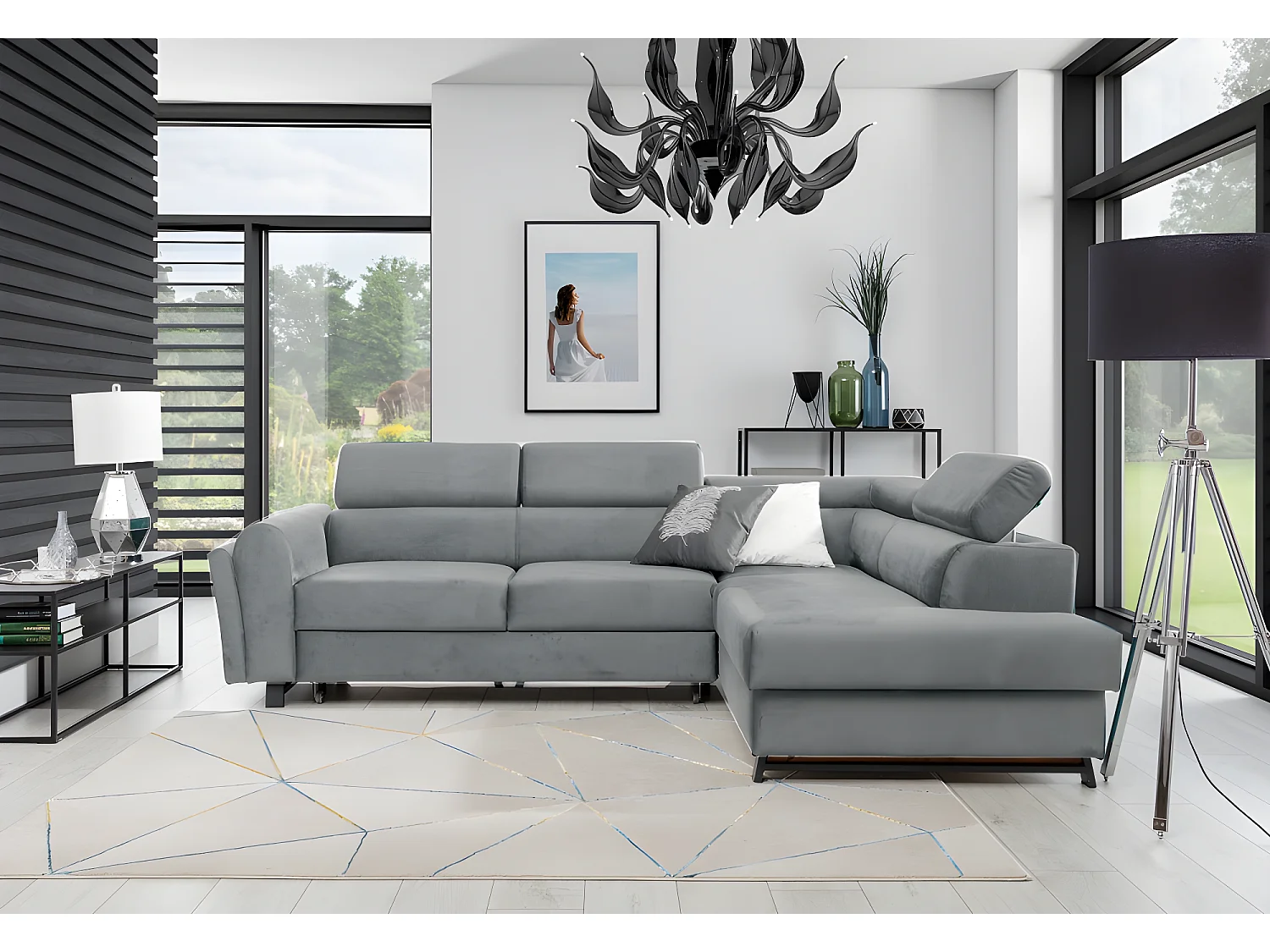 Canapé d'angle convertible - KARL VELOURS - en tissu prestige, 5 places, gris, angle droit (vu de face)