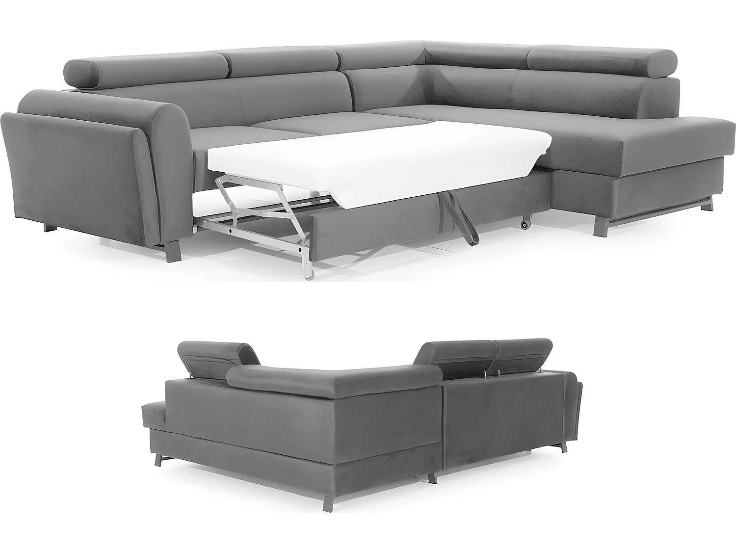 Canapé d'angle convertible - KARL VELOURS - en tissu prestige, 5 places, gris, angle droit (vu de face)