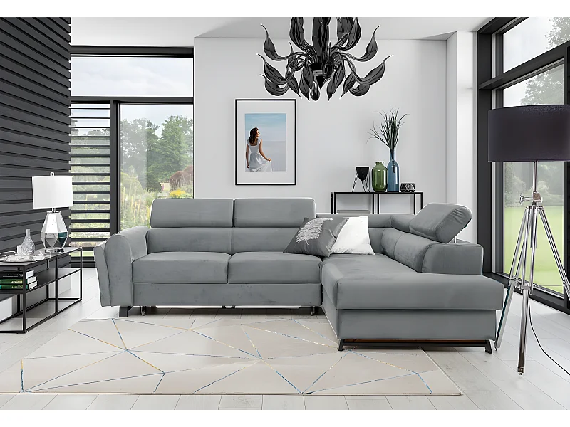 Canapé d'angle convertible - KARL VELOURS - en tissu prestige, 5 places, gris, angle droit (vu de face)