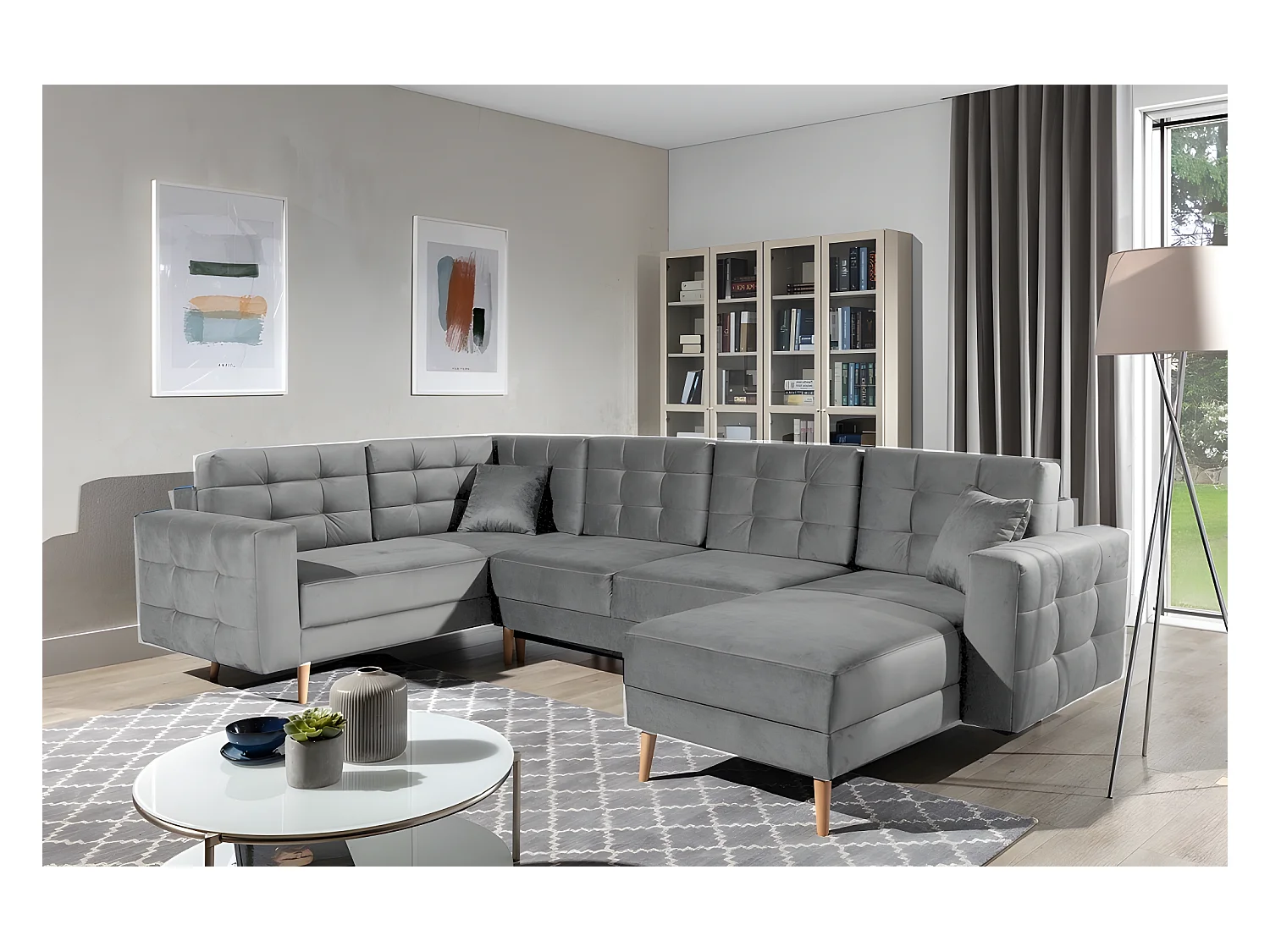 Canapé panoramique convertible - ASMA VELOURS - en tissu de qualité 5 places, gris, méridienne à droite et angle à gauche (vu de face)