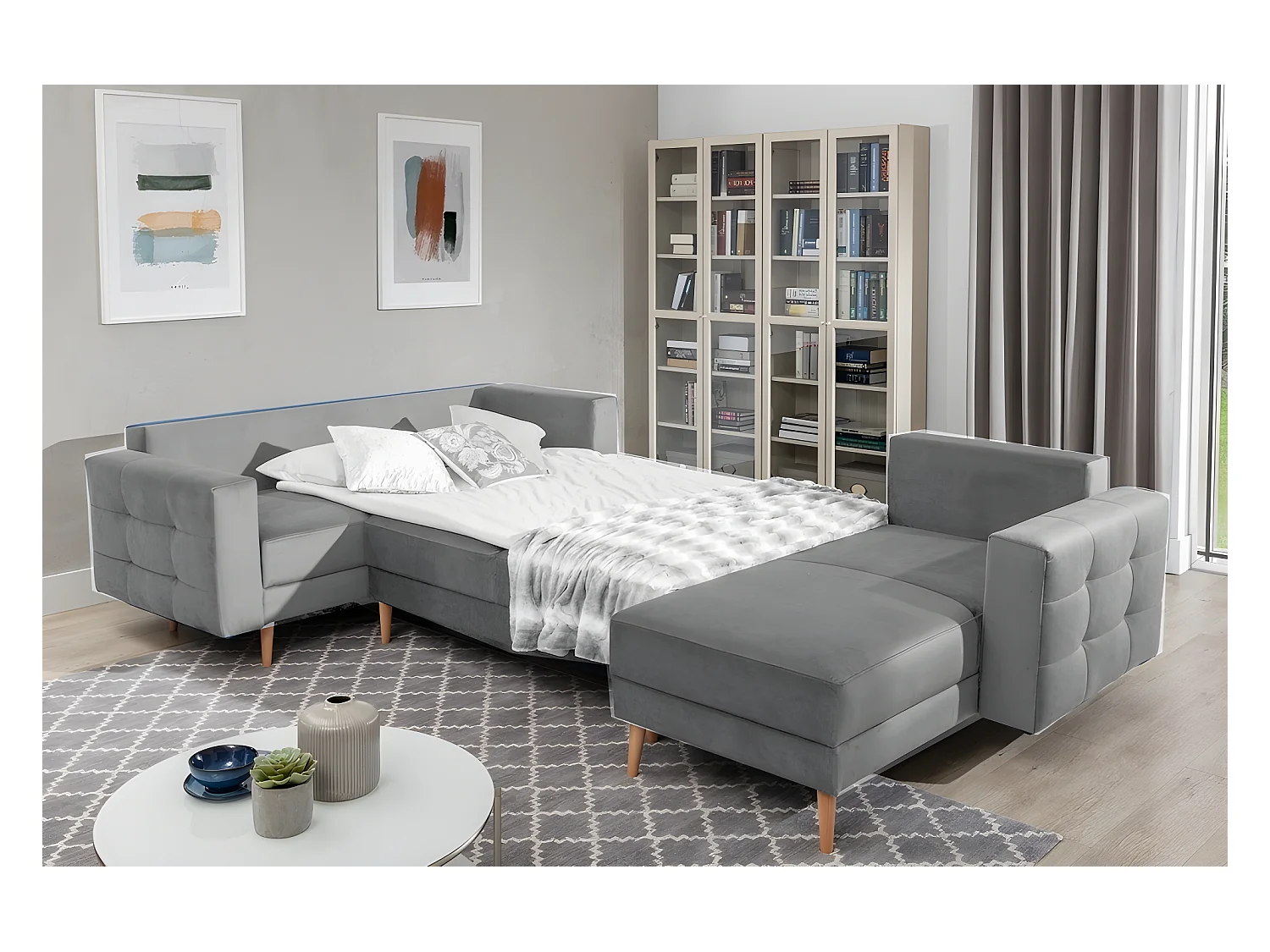 Canapé panoramique convertible - ASMA VELOURS - en tissu de qualité 5 places, gris, méridienne à droite et angle à gauche (vu de face)