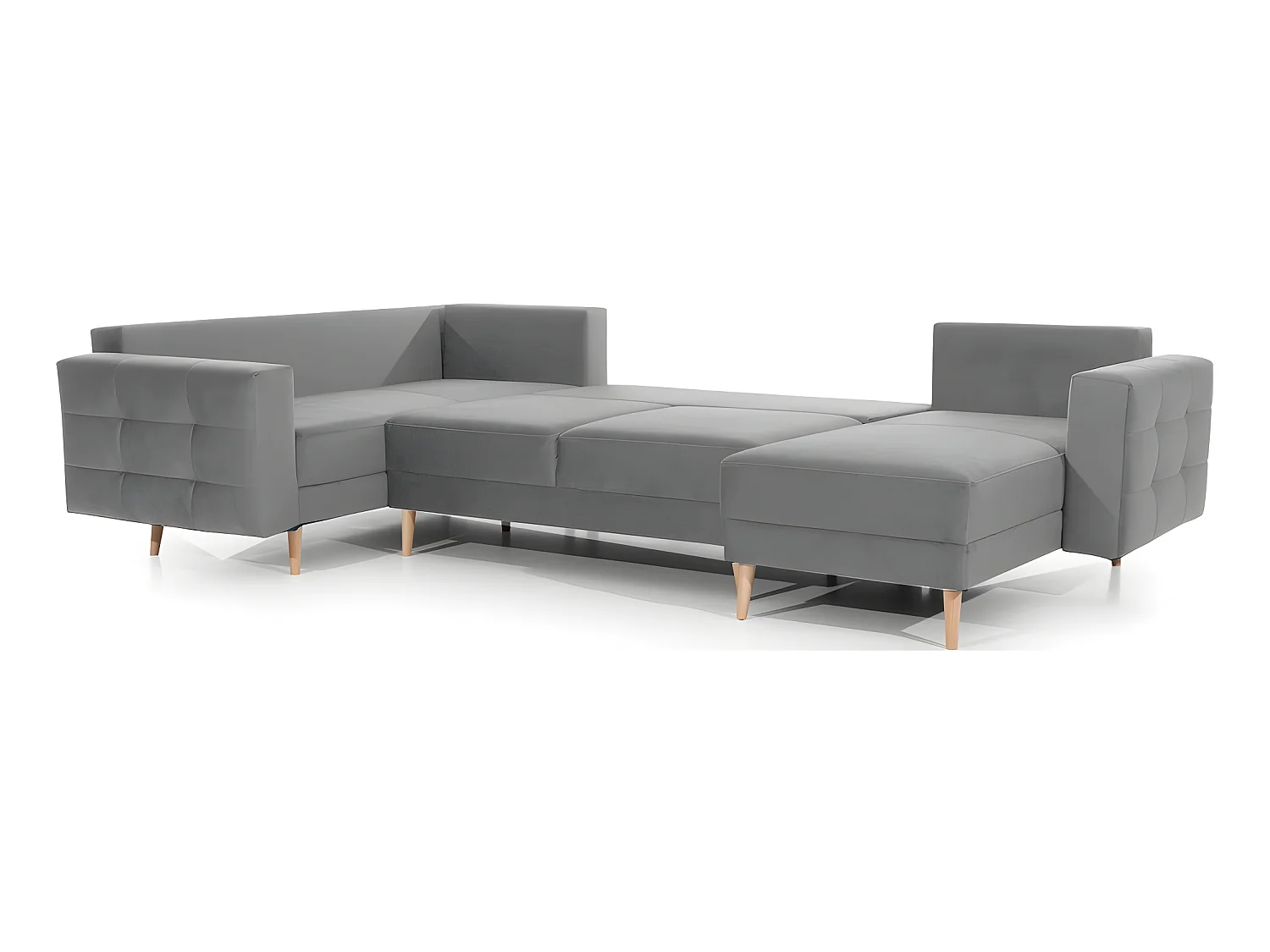 Canapé panoramique convertible - ASMA VELOURS - en tissu de qualité 5 places, gris, méridienne à droite et angle à gauche (vu de face)